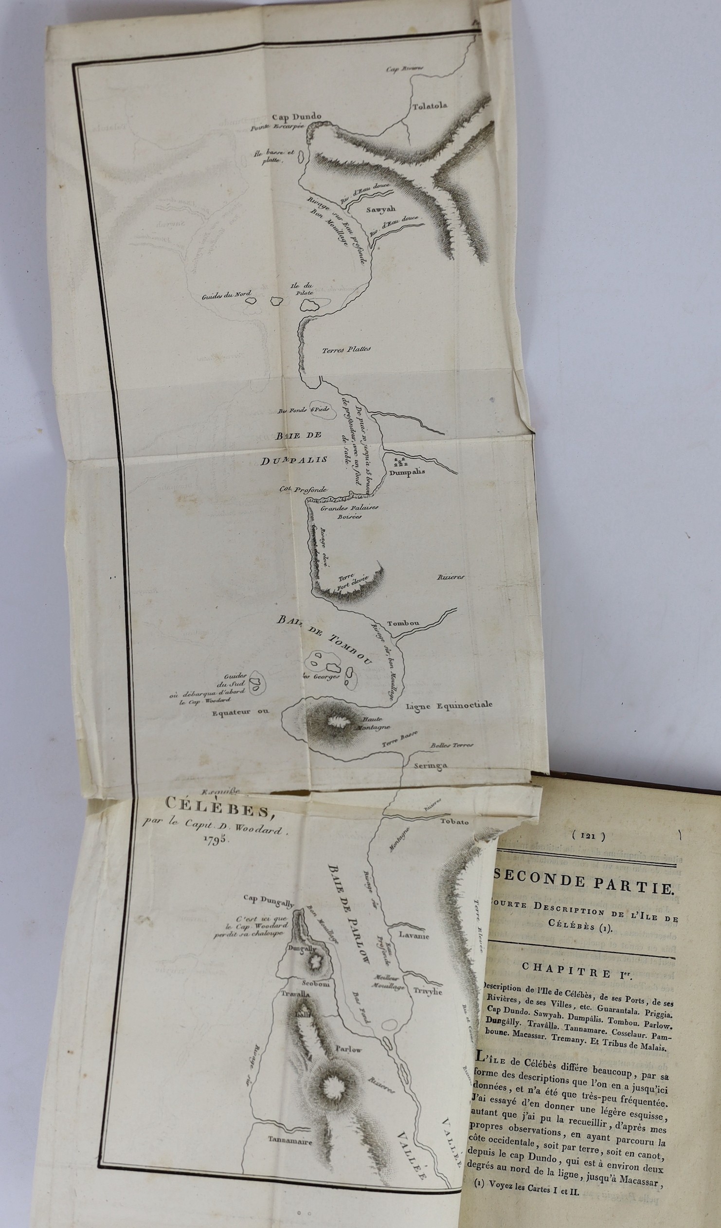 Woodard, David - Relation des Malheurs et de la Captivitie, Pendant Deux ans et Cinq Mois, du Capitaine David Woodard, 3rd edition, 8vo, calf, with portrait frontis, in dotted profile in the spirit of ‘’shadow puppet’’ s